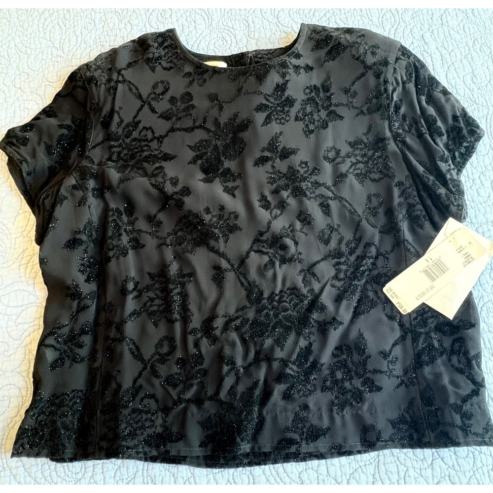 Jones New York Women 14 Black Floral Burnout Velvet Silk Lined Glitter Blouse